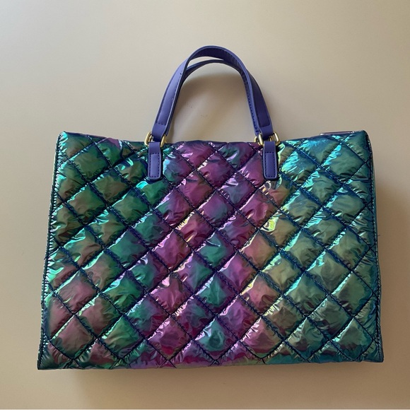 NEW Nylon Puffy Tote Quilted Puffer Bag Handle Straps Iridescent Metallic - Picture 1 of 7